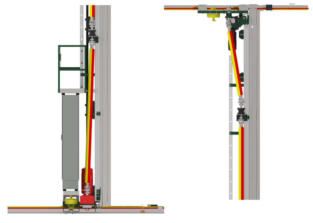 Zwei formschlüssige Zahnrad-Zahnstangen-Verbindungen, die jeweils am oberen und unteren Ende der Konstruktion beide Fahrwagen auf Schienen am Boden und oben am Regal synchron antreiben. Das ermöglicht höchste Fahrdynamik.